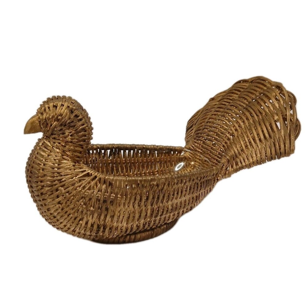 Wicker Turkey Basket Thanksgiving Holiday Gold Tone Nice Peacock? Bird Design